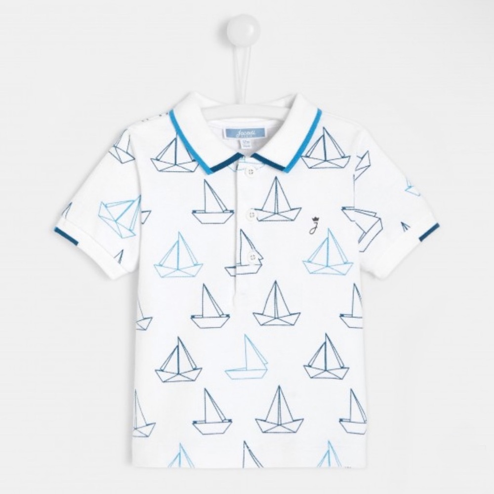 Jacadi Boys White Pique Knit Polo Shirt with Blue Sailboat Print - Size 12M